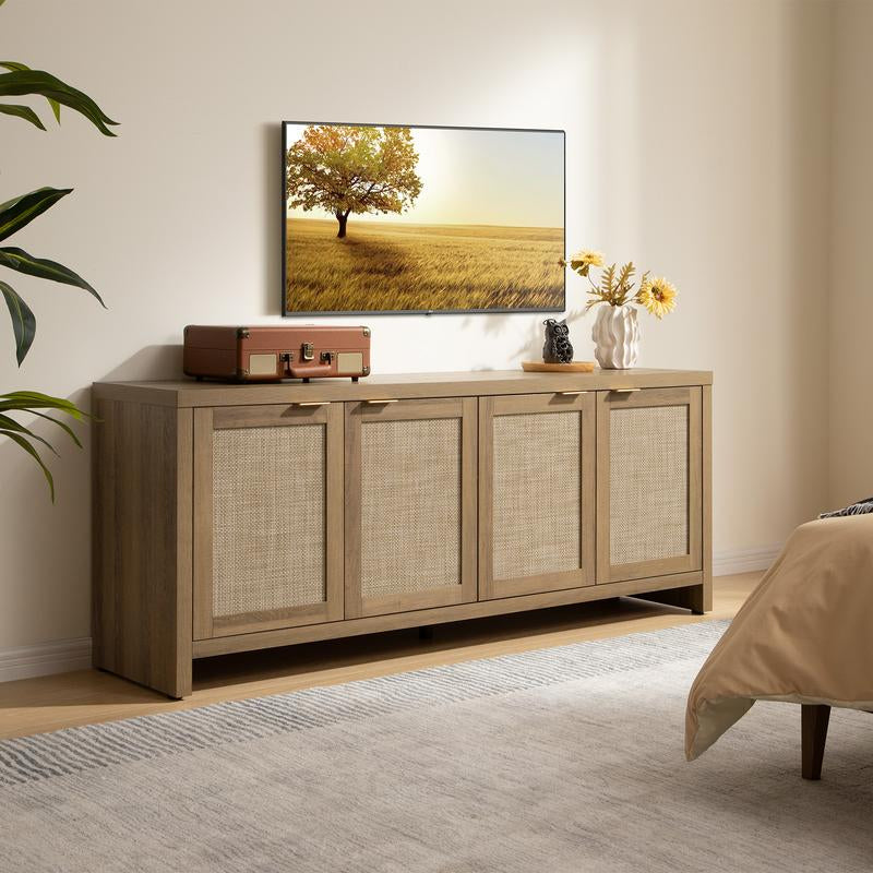 SICOTAS TV Stand for Living Room Boho Entertainment Center for Bedroom with 4 Rattan Cabinets Farmhouse Television Stands with Storage Large Wood Media Console Table for Tvs up to 45 50 55 60 65 Inch