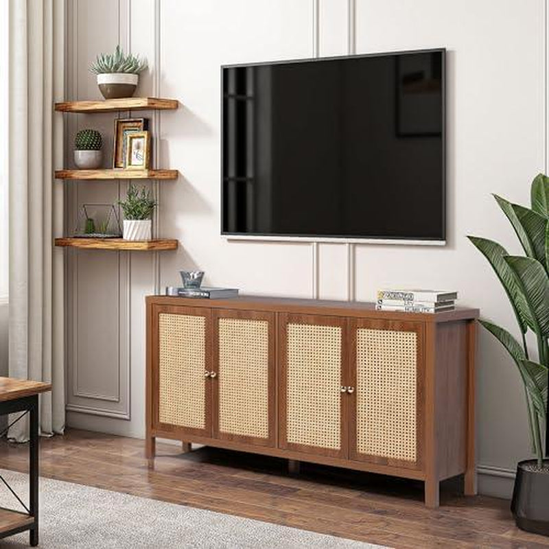Giratree Sideboard Buffer Cabinet,Accent Storage Cabinet with 4 Rattan Doors, Modern Cupboard Console Table with Adjustable Shelves for Kitchen, Living Room, Hallway, Entryway