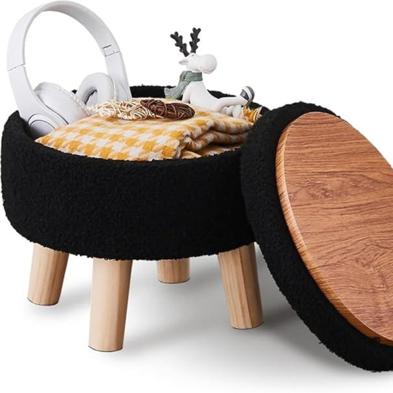 Mini Storage Ottoman, Modern round Footrest with Soft Padded Seat, Teddy Velvet Footstool with Wood Legs, Accent Small Table or Plant Stand for Hallway, Living Room