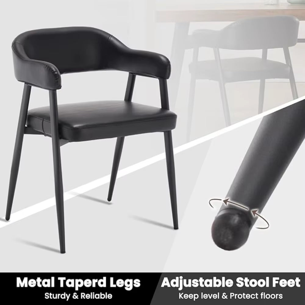 Black Leather Dining Chairs Set of 2 with Black Metal Legs, Mid Century Modern Kitchen Chairs with Curved Backrest,Customized