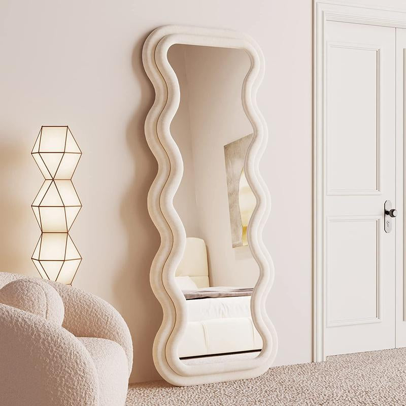 Full Length Mirror 63"X24", Irregular Wavy Mirror, Wave Floor Mirror, Wall Mirror Standing Hanging or Leaning against Wall for Bedroom Decor Wooden