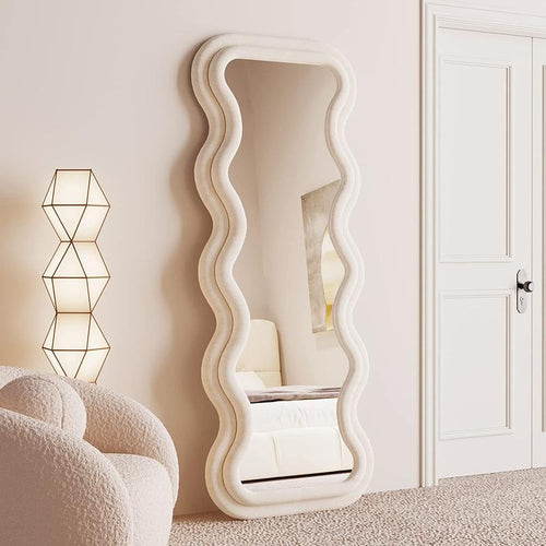 Full Length Mirror 63"X24", Irregular Wavy Mirror, Wave Floor Mirror, Wall Mirror Standing Hanging or Leaning against Wall for Bedroom Decor Wooden
