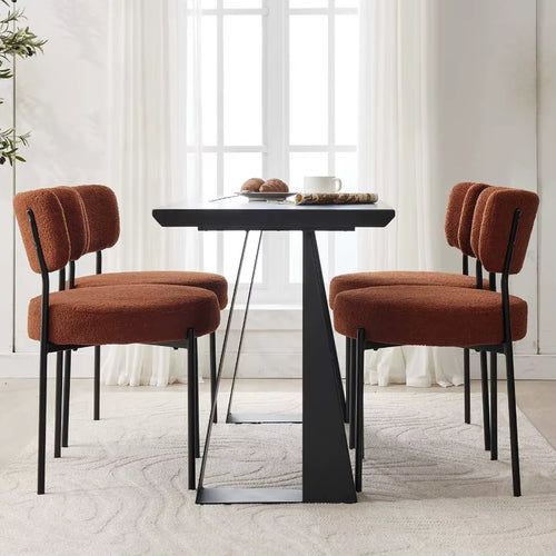 Boucle Dining Chair Set of 4 Mid Century Modern Upholstered Kitchen Chairs with Curved Backrest Black Metal Legs round Dining R