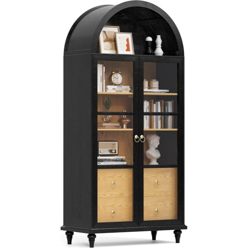 Furmax 71" Tall Arched Kitchen Pantry with 2 Large Drawers & Adjustable Shelves for Kitchen Dining Room Bathroom Living Room, Black Storage Cabinets Apartment Furniture