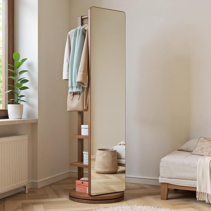 69"X16" Full Length Mirror with Stand Coat Rack Solid Wood Swivel Mirror for Bedroom Living Room Cloakroom Elegant Decoration Newyear Gift Standing Wooden