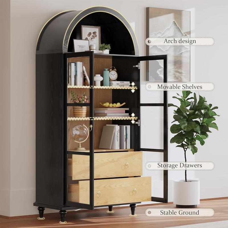 Furmax 71" Tall Arched Kitchen Pantry with 2 Large Drawers & Adjustable Shelves for Kitchen Dining Room Bathroom Living Room, Black Storage Cabinets Apartment Furniture