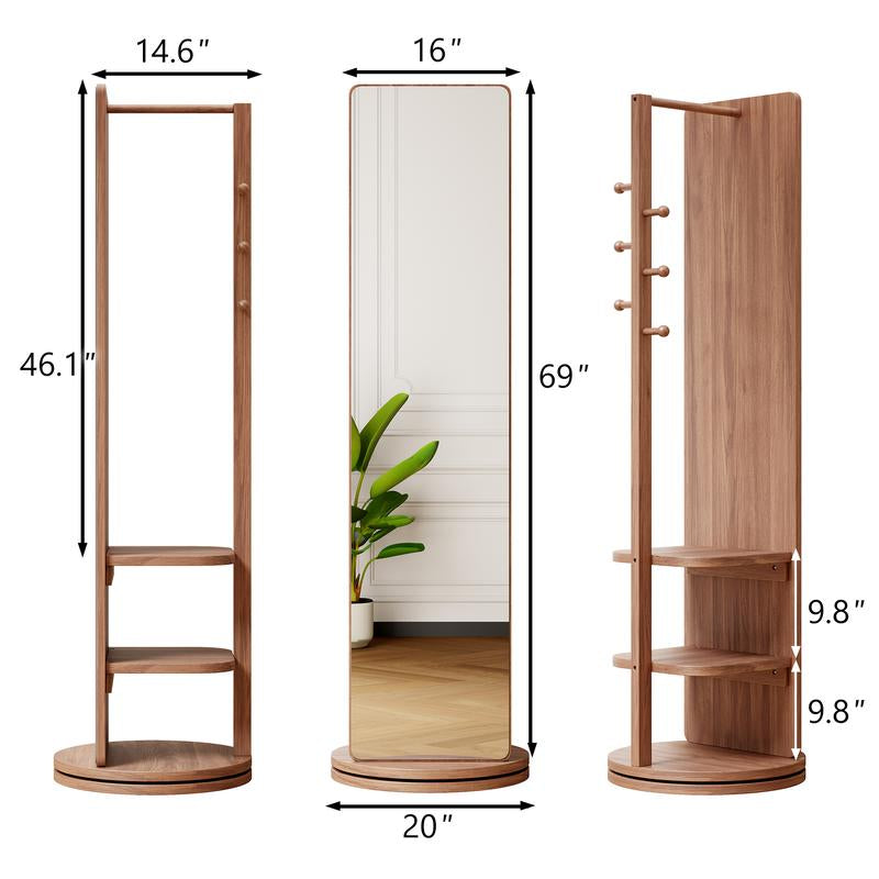 69"X16" Full Length Mirror with Stand Coat Rack Solid Wood Swivel Mirror for Bedroom Living Room Cloakroom Elegant Decoration Newyear Gift Standing Wooden