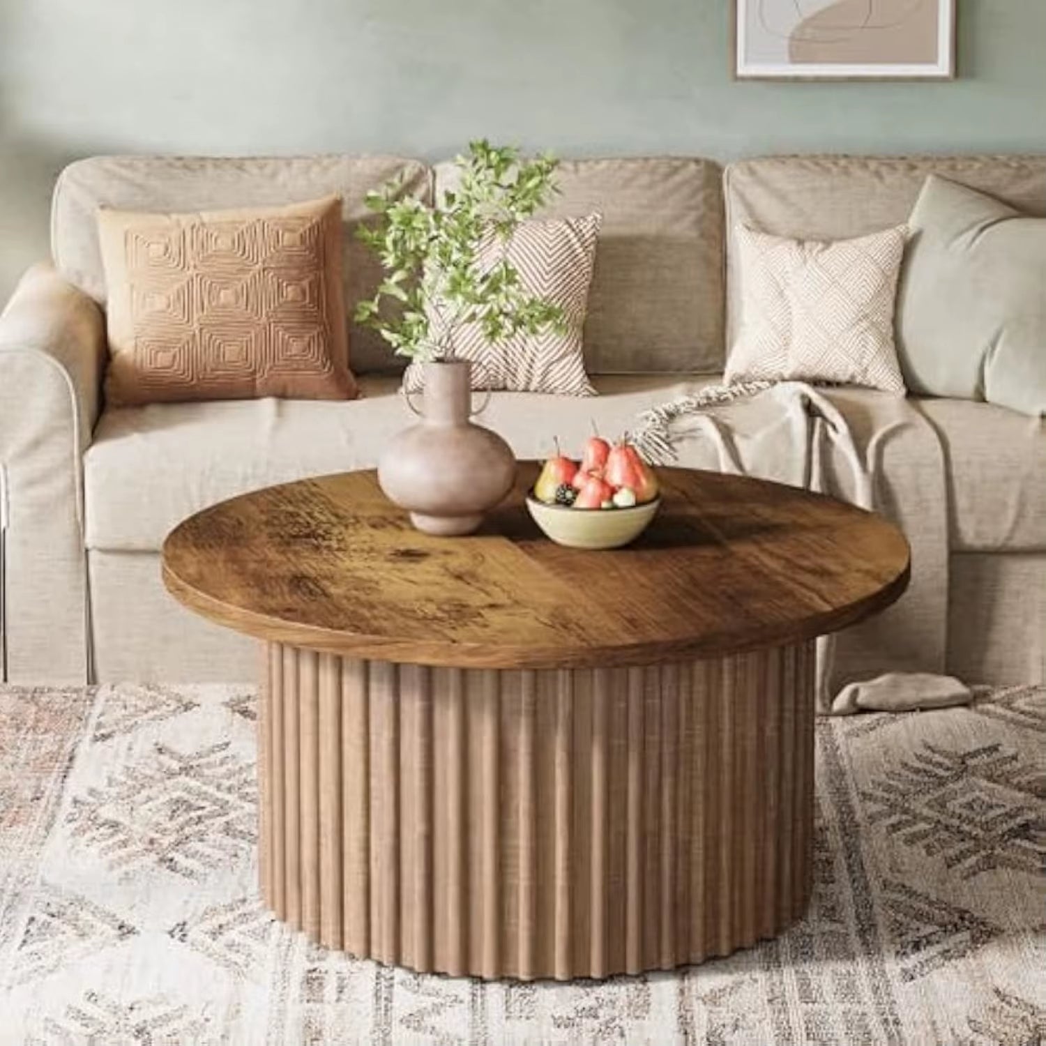 31.5" round Coffee Table, Farmhouse Circle Coffee Table with Metal Base, Modern Wood Accent Center Table Sofa Side Table