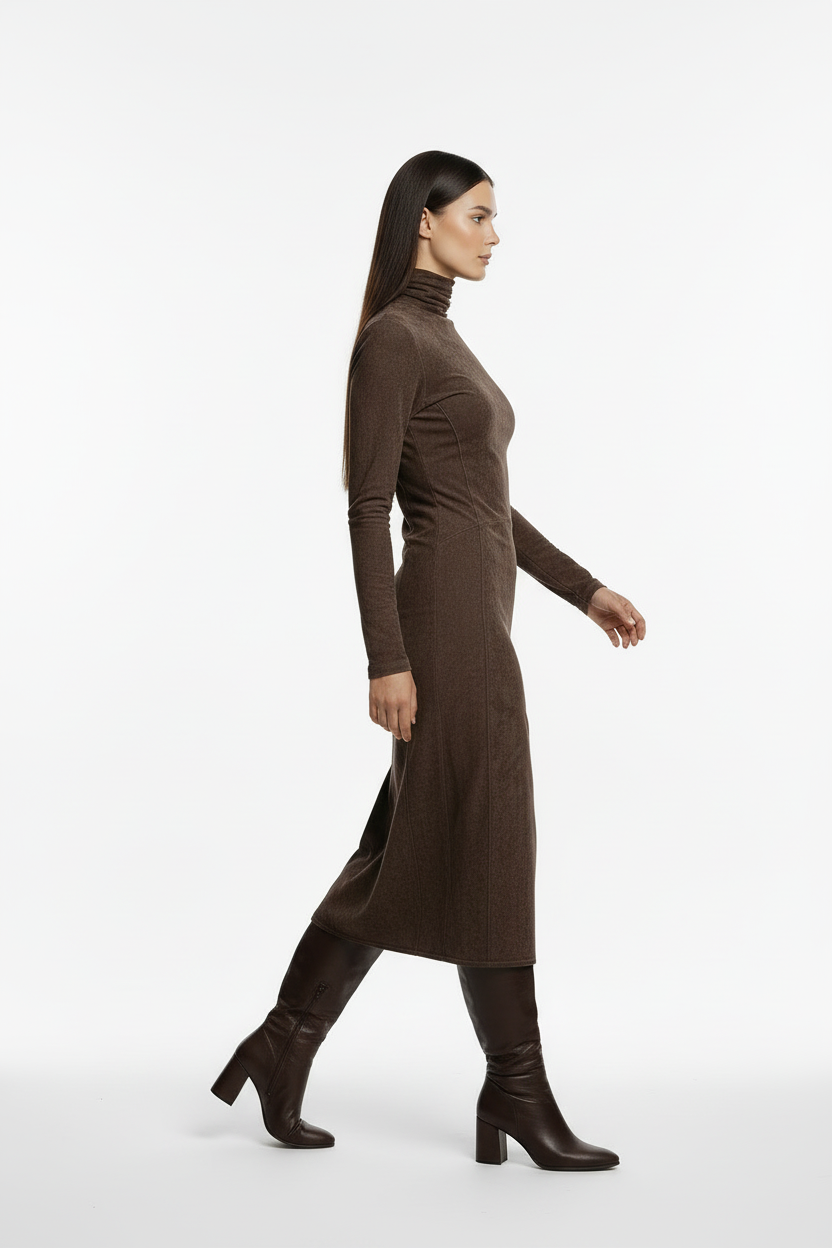 Brown suede dress walking pose