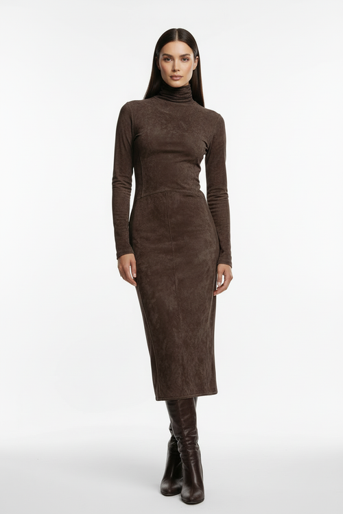 Brown suede dress with model front