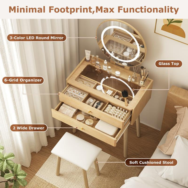 【Christmas Gift】Small Wood Vanity Desk with Mirror & Lights Space-Saving Makeup Table with Drawers Adjustable Brightness Elegant Functional Vanity for Narrow Spaces