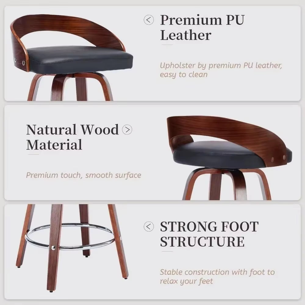 25 Inch Swivel Stool Low Back Set of 2, Mid-Century Black PU Leather Upholstered Barstool Walnut Wood Counter Height Stool