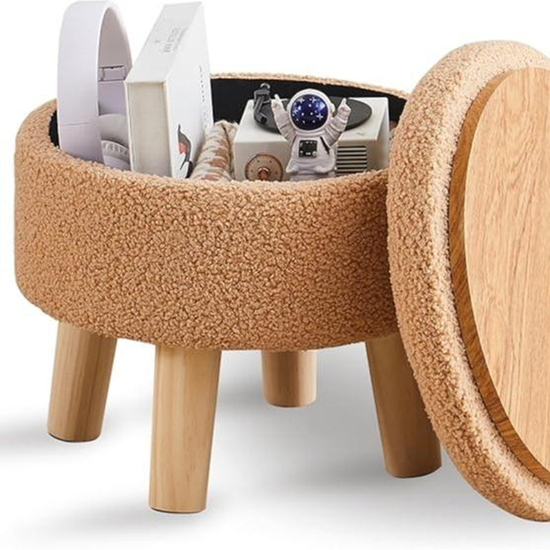 Mini Storage Ottoman, Modern round Footrest with Soft Padded Seat, Teddy Velvet Footstool with Wood Legs, Accent Small Table or Plant Stand for Hallway, Living Room