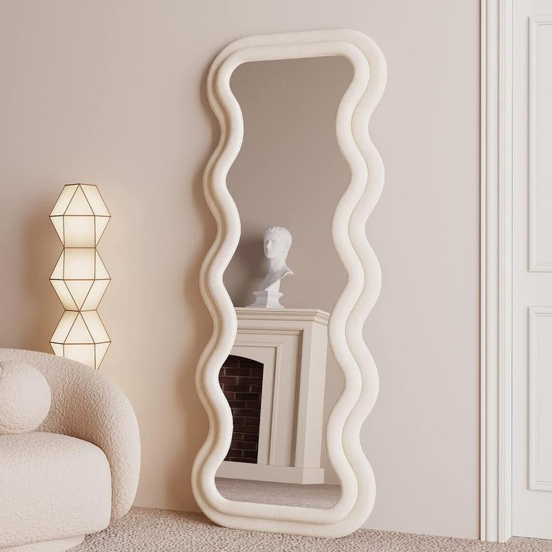 Full Length Mirror 63"X24", Irregular Wavy Mirror, Wave Floor Mirror, Wall Mirror Standing Hanging or Leaning against Wall for Bedroom Decor Wooden