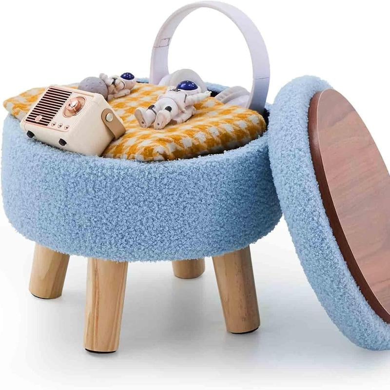 Mini Storage Ottoman, Modern round Footrest with Soft Padded Seat, Teddy Velvet Footstool with Wood Legs, Accent Small Table or Plant Stand for Hallway, Living Room