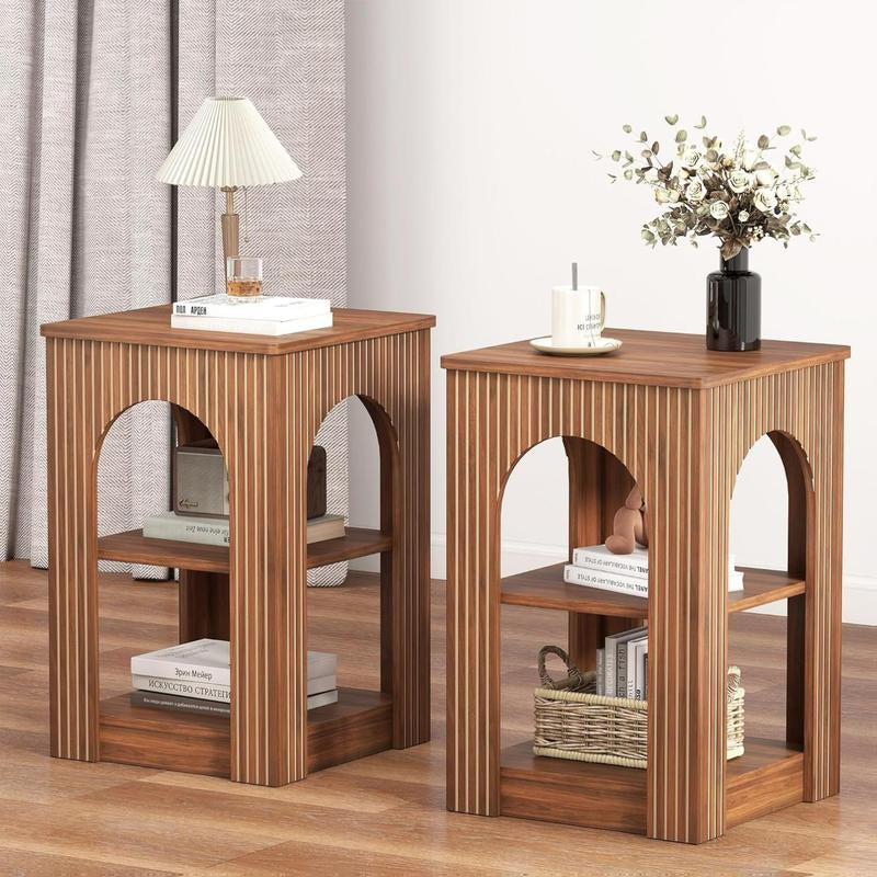Giratree End Table Set of 2, Mid-Century Modern Side Table with 3-Tier Storage Shelves and Arched Carving Lines, Square Fluted Nightstand for Living Room, Bedroom, or Office