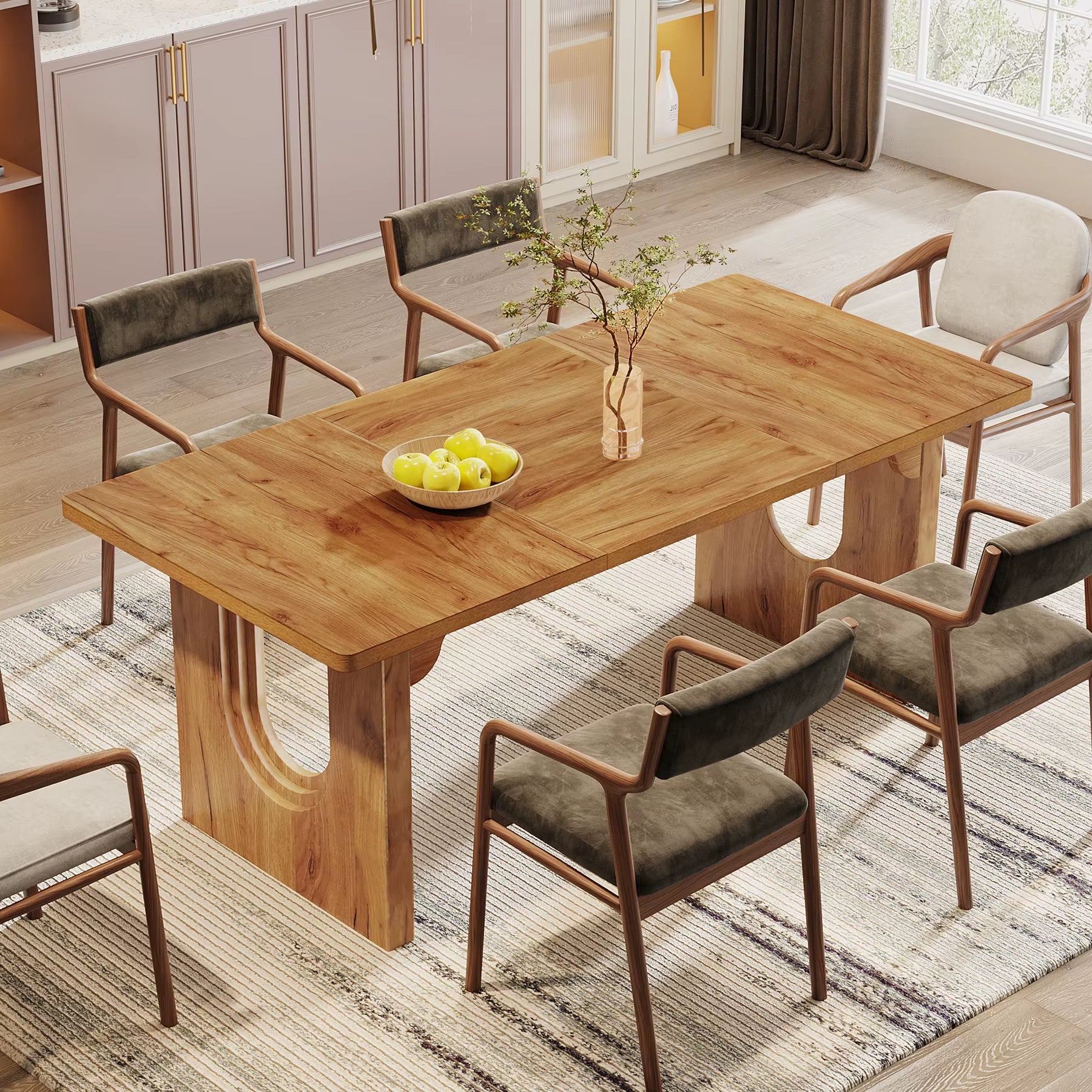 Modern Dining Table for 6 to 8 People, 71" Large Kitchen Dining Table with Wood Pedestal Base,