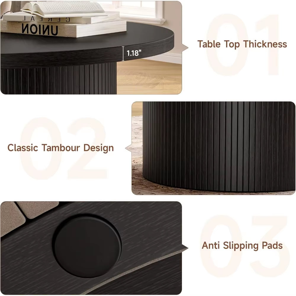 31.5" round Coffee Table, Tambour Design Coffee Tables for Living Room, Mid Century Modern Wood Coffee Table, Drum Accent Small