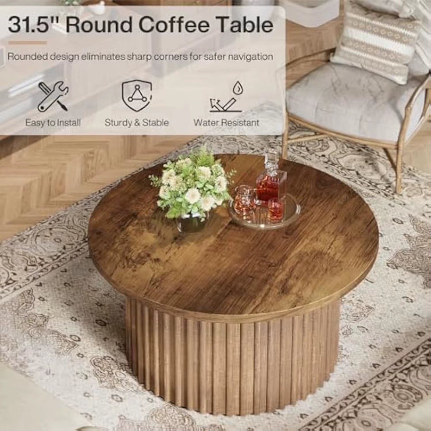 31.5" round Coffee Table, Farmhouse Circle Coffee Table with Metal Base, Modern Wood Accent Center Table Sofa Side Table