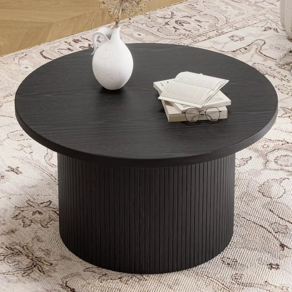 31.5" round Coffee Table, Tambour Design Coffee Tables for Living Room, Mid Century Modern Wood Coffee Table, Drum Accent Small