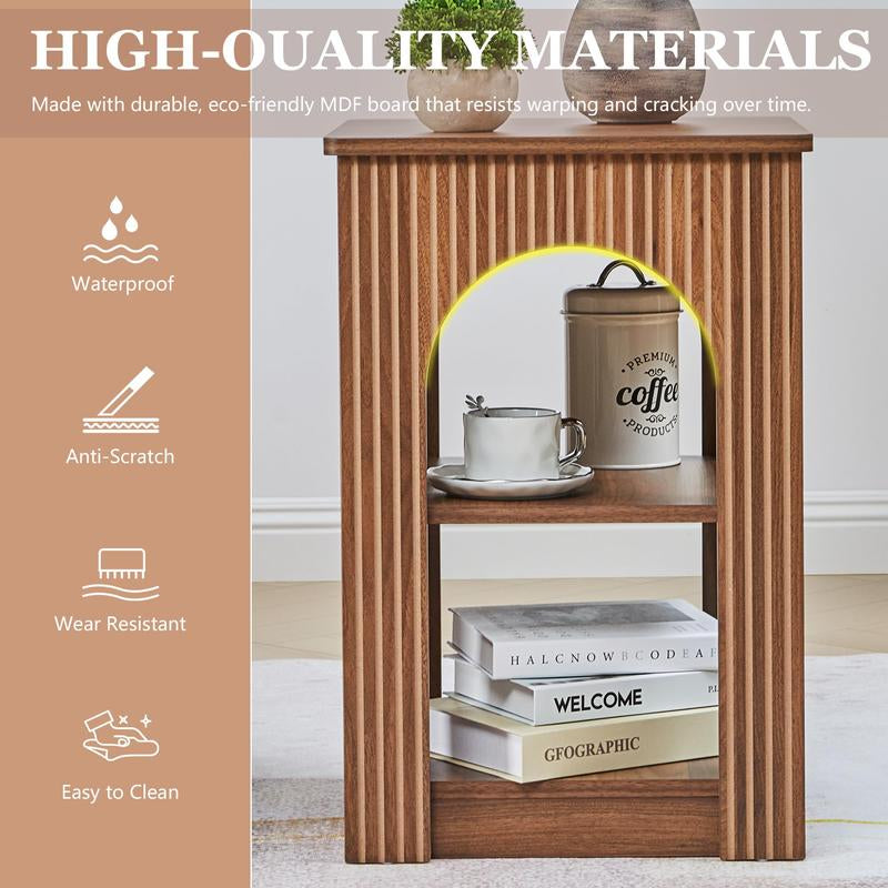 Giratree End Table Set of 2, Mid-Century Modern Side Table with 3-Tier Storage Shelves and Arched Carving Lines, Square Fluted Nightstand for Living Room, Bedroom, or Office