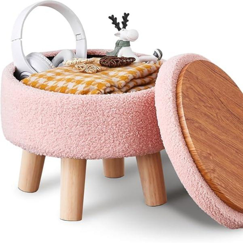 Mini Storage Ottoman, Modern round Footrest with Soft Padded Seat, Teddy Velvet Footstool with Wood Legs, Accent Small Table or Plant Stand for Hallway, Living Room