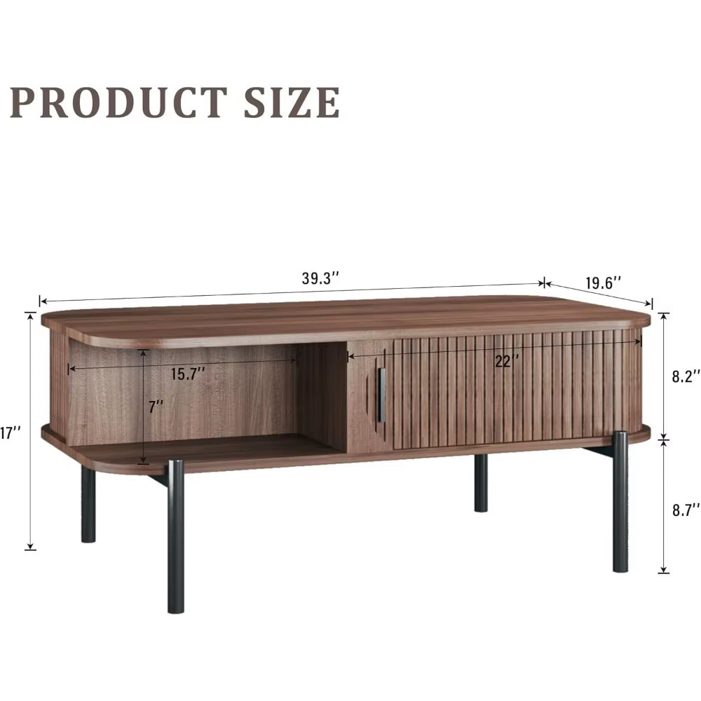 Coffee Table, 39.4" Mid Century Modern Coffee Tables for Living Room, Coffee Table with Storage Open Shelf, Fluted Table