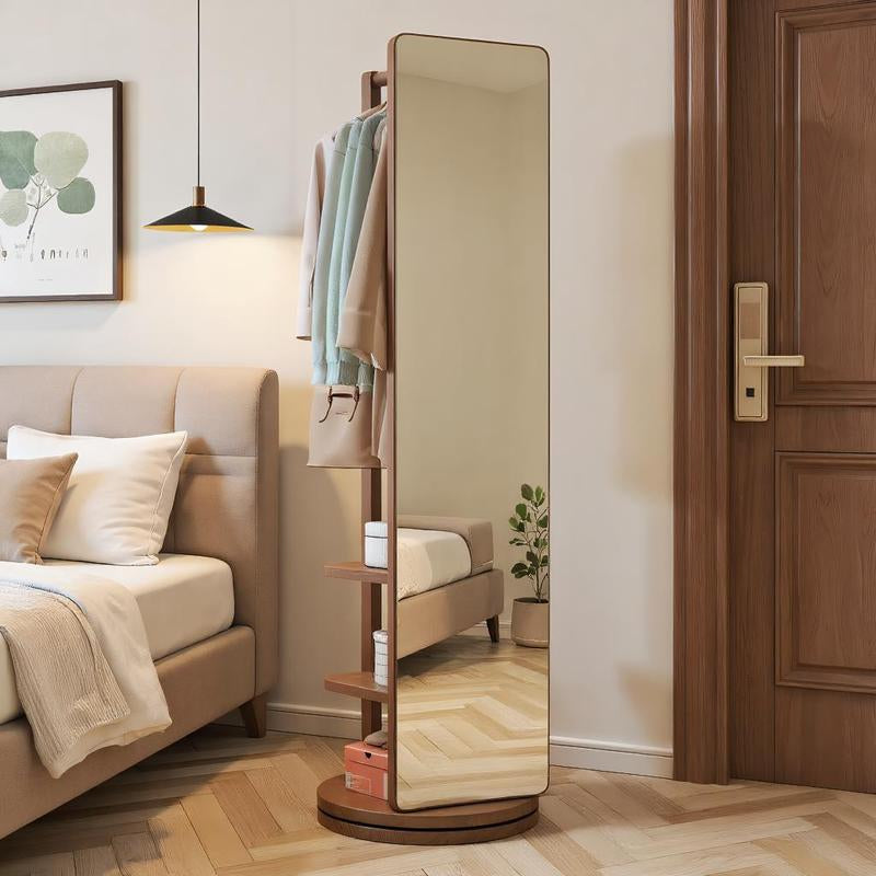 69"X16" Full Length Mirror with Stand Coat Rack Solid Wood Swivel Mirror for Bedroom Living Room Cloakroom Elegant Decoration Newyear Gift Standing Wooden