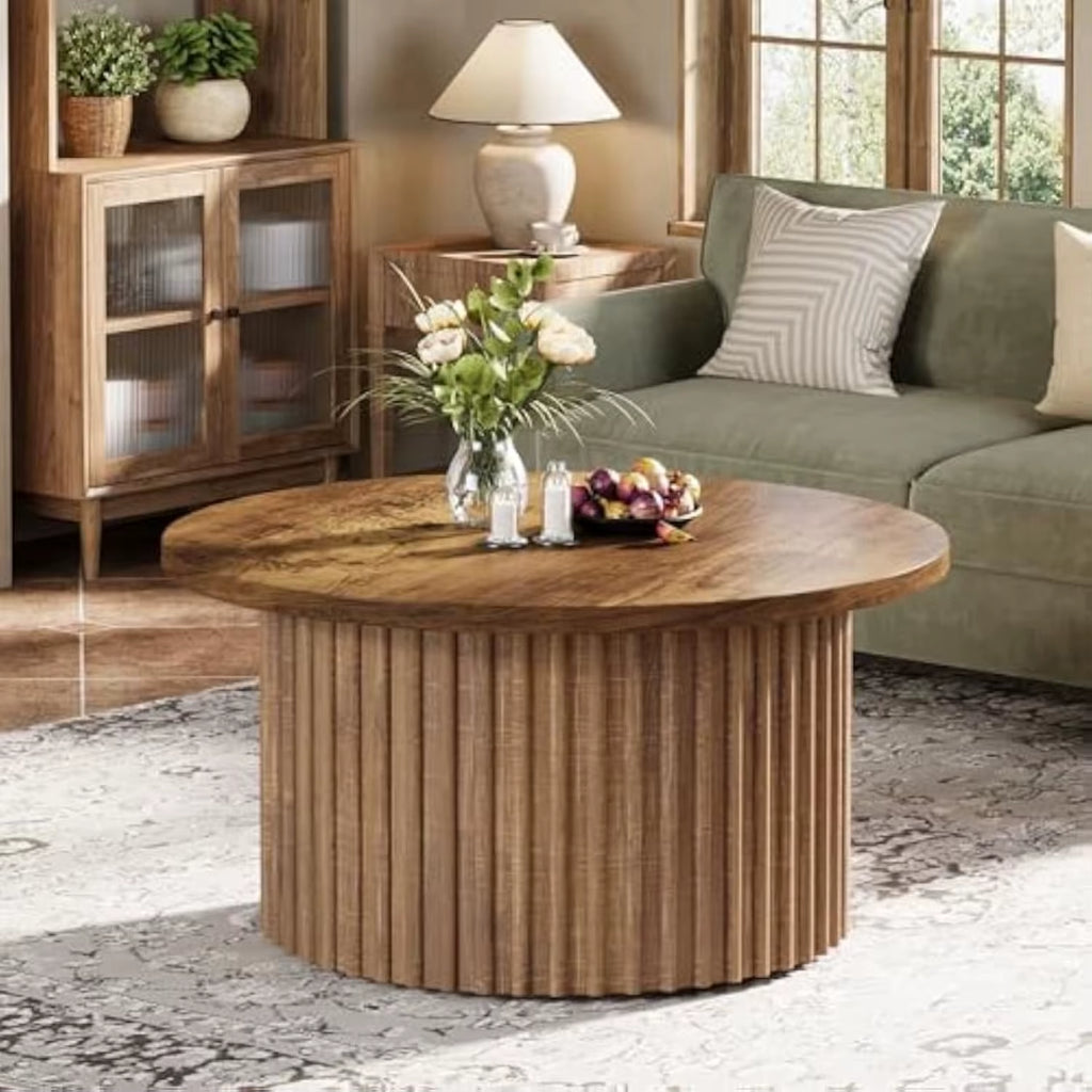 31.5" round Coffee Table, Farmhouse Circle Coffee Table with Metal Base, Modern Wood Accent Center Table Sofa Side Table